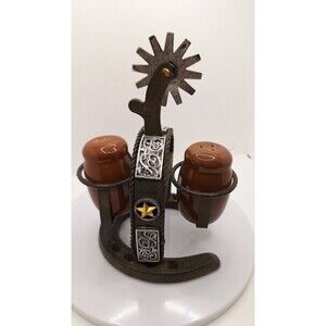 Vintage‎ Cowboy Western Salt Pepper Shaker Holder Cast Iron Horseshoe Spur